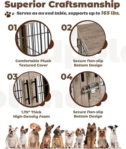 Large Dog Crate Furniture, 38 inch Dog Crates with Bed Pad, Wooden Dog Kennel Furniture, End Table Dog Cage with 3 Doors, Greige in Kuwait