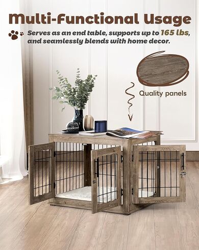 Large Dog Crate Furniture, 38 inch Dog Crates with Bed Pad, Wooden Dog Kennel Furniture, End Table Dog Cage with 3 Doors, Greige in Kuwait