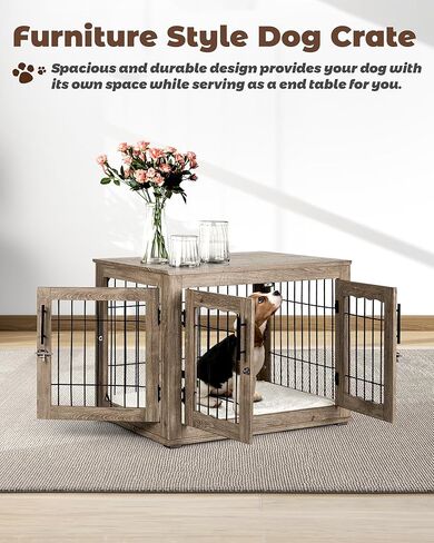 Large Dog Crate Furniture, 38 inch Dog Crates with Bed Pad, Wooden Dog Kennel Furniture, End Table Dog Cage with 3 Doors, Greige in Kuwait