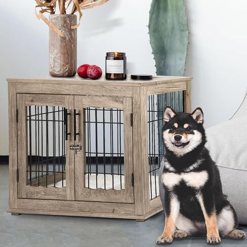 Large Dog Crate Furniture, 38 inch Dog Crates with Bed Pad, Wooden Dog Kennel Furniture, End Table Dog Cage with 3 Doors, Greige in Kuwait