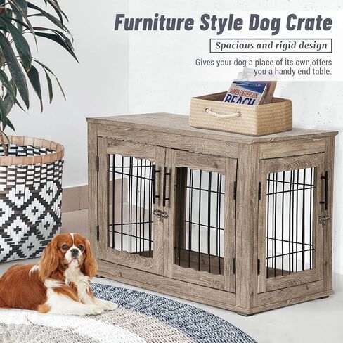 Large Dog Crate Furniture, 38 inch Dog Crates with Bed Pad, Wooden Dog Kennel Furniture, End Table Dog Cage with 3 Doors, Greige in Kuwait