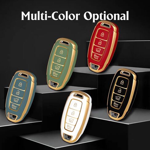 Soft TPU Key Fob Cover Case Compatible with Hyundai Palisade Elantra GT Accent Kona Santa Fe Veloster-4 Button(Gold-White) in Kuwait