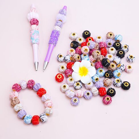 JMcrate Pom Pom Beads 80pcs ملون مختلط حبات نفخة ناعمة للأقلام الزهرية الغامضة حبات فو فرو بومس فاصل حبات كبيرة لسلسلة المجوهرات DIY الحرف اليدوية ملحقات الأقلام الحرف (غامض) in Kuwait