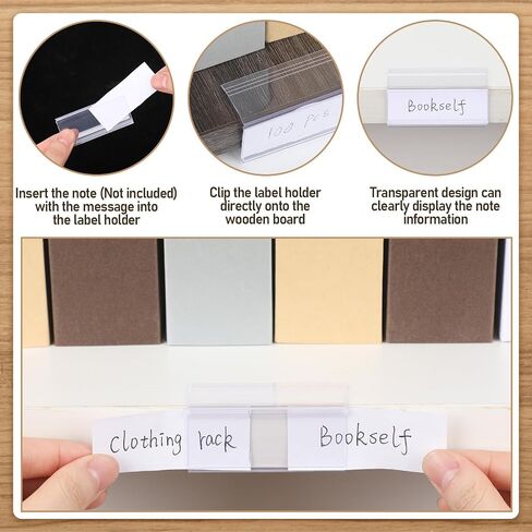 Weysat 100 Pcs Wood Shelf Label Holders Clear Plastic Price Tag 2.4 in L x 1 in H for Bookshelf Shelves, Wood Shelf Sign and Ticket Holder, Clips On to Shelves 3/4" to 1" Thick in Kuwait