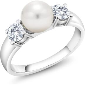 Gem Stone King 925 Sterling Silver Freshwater Pearl and White Moissanite Ring For Women (0.66 Cttw, Gemstone Birthstone, Available in Size 5,6,7,8,9) in Kuwait
