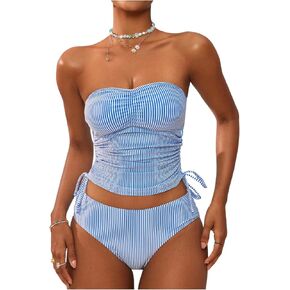 GORGLITTER Women's Striped Bandeau Tankini Swimsuits Side Drawstring Bathing Suit in Saudi Arabia