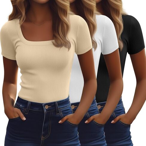 Ficerd 3 Pack Women's Short Scooped Deced Tirts Tops Basic مضلع Tee Tee قميص ألوان صلبة in Kuwait