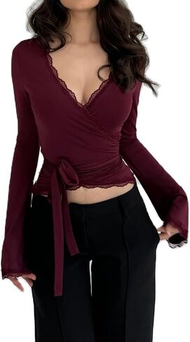 Womens Y2k Lace Sheer Mesh Crop Tops Long Sleeve Deep V Neck Cross Wrap Blouses Slim Fit Fairy Coquette T-Shirts in Kuwait