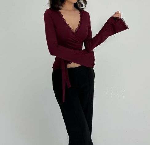 Womens Y2k Lace Sheer Mesh Crop Tops Long Sleeve Deep V Neck Cross Wrap Blouses Slim Fit Fairy Coquette T-Shirts in Kuwait