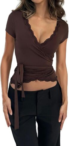 Womens Y2k Lace Sheer Mesh Crop Tops Long Sleeve Deep V Neck Cross Wrap Blouses Slim Fit Fairy Coquette T-Shirts in Kuwait
