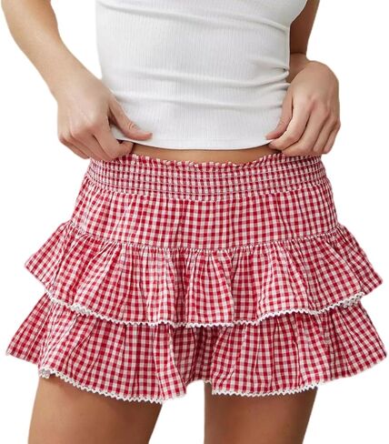 Uaurorao Women Gingham Mini Skirt مرنة الخصر الدانتيل تقليم مطوي الكشكش Cosplay تنورة قصيرة coquette تنورة الملابس الداخلية in Kuwait