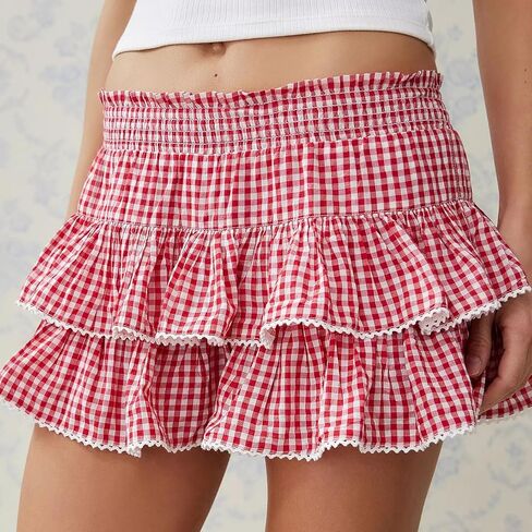 Uaurorao Women Gingham Mini Skirt مرنة الخصر الدانتيل تقليم مطوي الكشكش Cosplay تنورة قصيرة coquette تنورة الملابس الداخلية in Kuwait