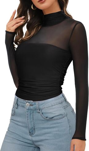 Buauty Women Long Sleeve Sheer Mesh Top Sexy Mock Turtle Neck Shirts Trendy Ruched Going Out Blouse Date Night Outfits in Saudi Arabia