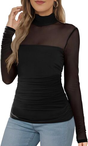 Buauty Women Long Sleeve Sheer Mesh Top Sexy Mock Turtle Neck Shirts Trendy Ruched Going Out Blouse Date Night Outfits in Saudi Arabia