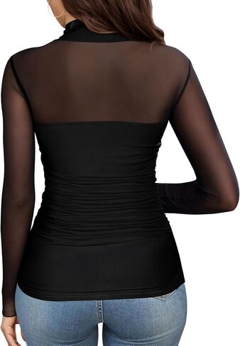 Buauty Women Long Sleeve Sheer Mesh Top Sexy Mock Turtle Neck Shirts Trendy Ruched Going Out Blouse Date Night Outfits in Saudi Arabia