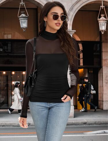 Buauty Women Long Sleeve Sheer Mesh Top Sexy Mock Turtle Neck Shirts Trendy Ruched Going Out Blouse Date Night Outfits in Saudi Arabia