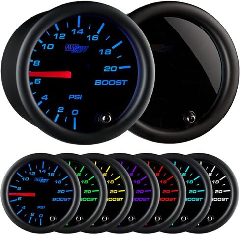 GlowShift Tinted 7 Color 20 PSI Turbo Boost Gauge Kit - Includes Mechanical Hose & Fittings - Black Dial - Smoked Lens - for Car & Truck - 2-1/16" 52mm in Saudi Arabia