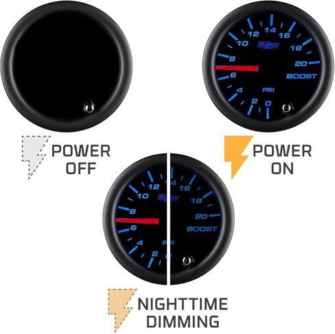GlowShift Tinted 7 Color 20 PSI Turbo Boost Gauge Kit - Includes Mechanical Hose & Fittings - Black Dial - Smoked Lens - for Car & Truck - 2-1/16" 52mm in Saudi Arabia