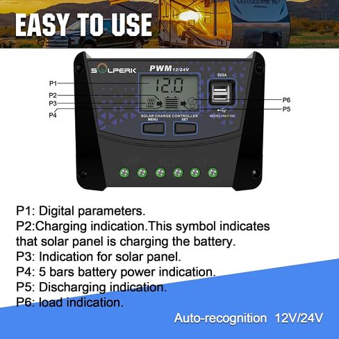 Solperk 10A Colar Charger Controller 12V 24V Auto ، منظم بطارية لوحة الطاقة الشمسية مع وحدة تحكم PWM Dual USB PWM لبطارية LITHIUM LITHIUM-ASED AGM (10A) in Kuwait