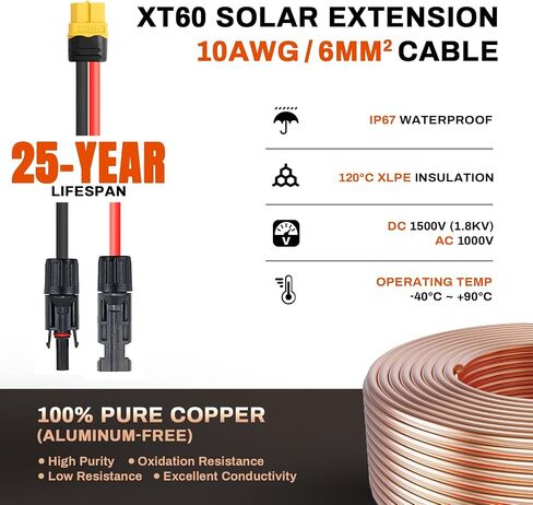 XT60 Charge Extension Cable 20Ft 12AWG or 2/6/10/20/25/35/50/100Ft 4mm²/12AWG Solar Connector to XT60 Cable for Portable Power Station, LiFePO4 Battery, RV and Solar Generator in Kuwait