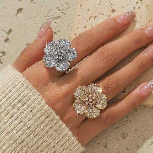 Cubic Zirconia Flower Wrap Finger Bands Bohemian Floral Statement Adjustable Open Band Rings Chunky Engagement Promise Rings Jewelry for Women in Saudi Arabia