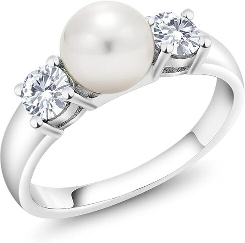 Gem Stone King 925 Sterling Silver Freshwater Pearl and White Moissanite Ring For Women (0.66 Cttw, Gemstone Birthstone, Available in Size 5,6,7,8,9) in Saudi Arabia
