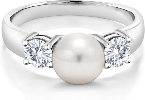 Gem Stone King 925 Sterling Silver Freshwater Pearl and White Moissanite Ring For Women (0.66 Cttw, Gemstone Birthstone, Available in Size 5,6,7,8,9) in Saudi Arabia
