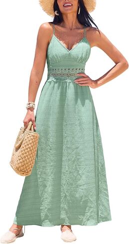 CUPSHE WOMENTINGS LOGHEND MAXI BEACH Summer Dress v Deck Lace Cutout Back Tie Spaghetti Strap Disual Wedding Guest Dresses in Saudi Arabia