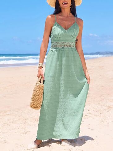 CUPSHE WOMENTINGS LOGHEND MAXI BEACH Summer Dress v Deck Lace Cutout Back Tie Spaghetti Strap Disual Wedding Guest Dresses in Saudi Arabia