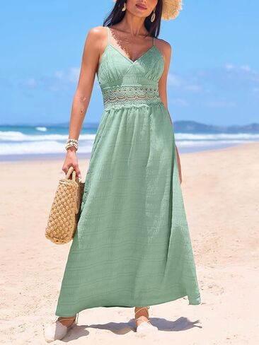 CUPSHE WOMENTINGS LOGHEND MAXI BEACH Summer Dress v Deck Lace Cutout Back Tie Spaghetti Strap Disual Wedding Guest Dresses in Saudi Arabia
