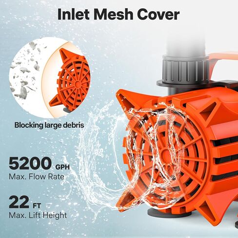 1800GPH Submersible Water Pump, 180° Ajustable Pond Pump with 20FT Power Cord 100W Ultra Quiet Aquarium Pump for Pond, Fountain, Waterfall, Fish Tank, Hydroponic, Statuary, Orange Black in Kuwait