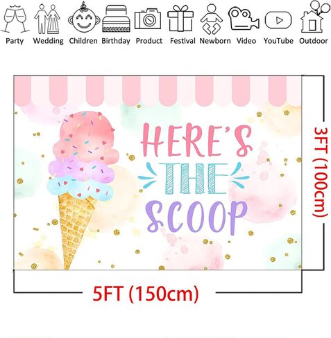 Mocsicka Ice Cream Backdrop 7x5ft Here's The Scoop Summer Sweet Happy Birthday Party Decorations for Kids Ice Cream Cake Table Banner Photography Background in Saudi Arabia