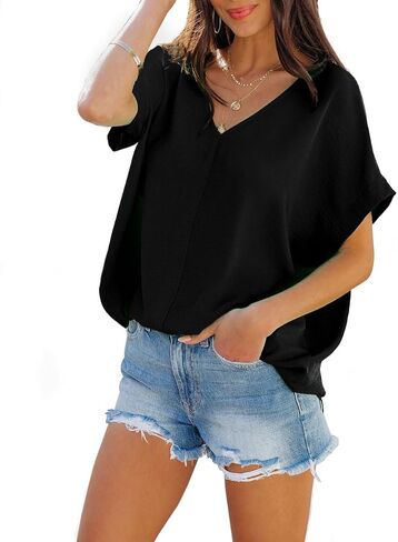 cordat Womens Summer Boho Shirts Hawaiian V Neck Loose Short Sleeves Dressy Tops Blouse in Kuwait