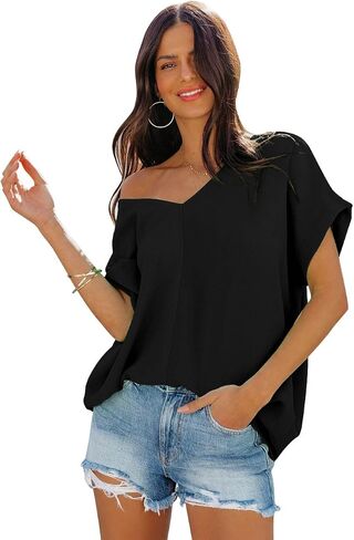 cordat Womens Summer Boho Shirts Hawaiian V Neck Loose Short Sleeves Dressy Tops Blouse in Kuwait