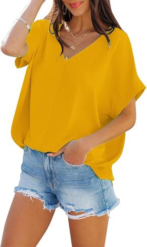cordat Womens Summer Boho Shirts Hawaiian V Neck Loose Short Sleeves Dressy Tops Blouse in Kuwait