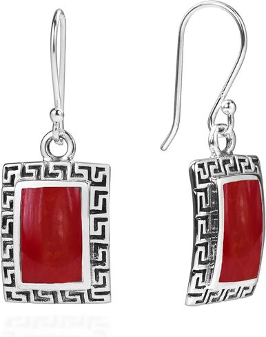 AeraVida Reconstructed Red Coral Greek Key Frame .925 Sterling Silver Dangle Earrings | Greek Key Earrings for Women Silver | Red Rectangle Earrings | Frame Earrings in Saudi Arabia