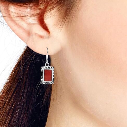 AeraVida Reconstructed Red Coral Greek Key Frame .925 Sterling Silver Dangle Earrings | Greek Key Earrings for Women Silver | Red Rectangle Earrings | Frame Earrings in Saudi Arabia