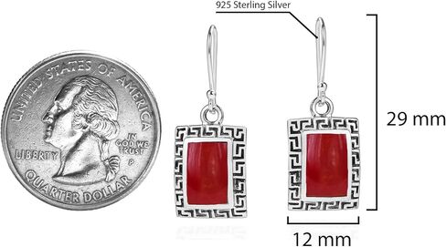AeraVida Reconstructed Red Coral Greek Key Frame .925 Sterling Silver Dangle Earrings | Greek Key Earrings for Women Silver | Red Rectangle Earrings | Frame Earrings in Saudi Arabia