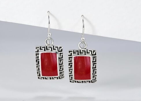 AeraVida Reconstructed Red Coral Greek Key Frame .925 Sterling Silver Dangle Earrings | Greek Key Earrings for Women Silver | Red Rectangle Earrings | Frame Earrings in Saudi Arabia