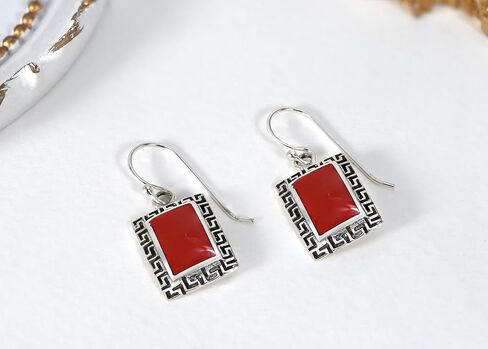 AeraVida Reconstructed Red Coral Greek Key Frame .925 Sterling Silver Dangle Earrings | Greek Key Earrings for Women Silver | Red Rectangle Earrings | Frame Earrings in Saudi Arabia