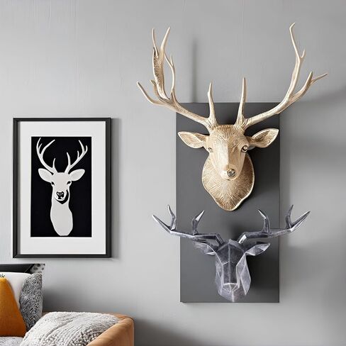 XYQXYQ Copper Deer Head Wall Decor, Faux Resin Animal Head Sculpture, Gold Accent Stag Wall Art, Modern Antler Wall Hanging, Decorative Deer Head for Living Room, Bedroom, or Office (Silvery) in Saudi Arabia