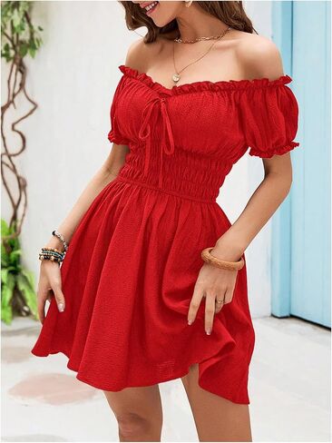 Floerns Women's Off Shoulder Puff Sleeve A Line Dresses Frill Trim Milkmaid Dress in Saudi Arabia
