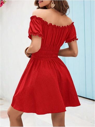 Floerns Women's Off Shoulder Puff Sleeve A Line Dresses Frill Trim Milkmaid Dress in Saudi Arabia