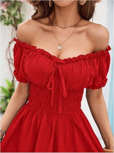 Floerns Women's Off Shoulder Puff Sleeve A Line Dresses Frill Trim Milkmaid Dress in Saudi Arabia