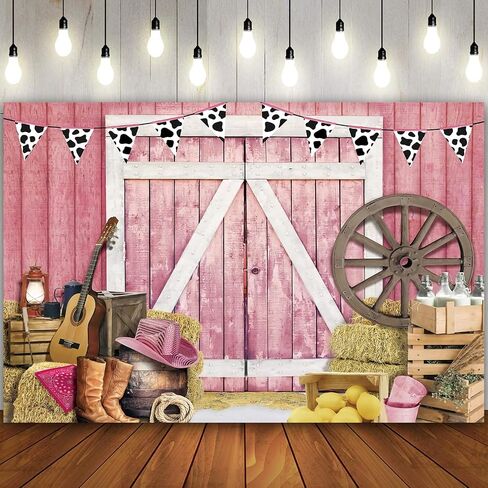 Pink Western Cowboy Backdrop Party Supplies Decorations Happy Birthday Backdrop 7x5Ft Wild West Decor Party Banner Rustic Wooden House Barn Photography Background Polyester Fabric in Saudi Arabia