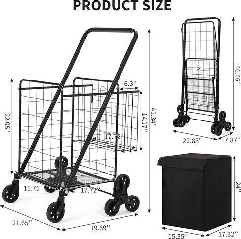عربة تسوق قابلة للطي 110 رطلاً سعة سعة سعة مع عجلات تسلق السلالم ، سلة كبيرة 22 جالون ، عجلات دوارة 360 درجة ، عربة قابلة للطي للغسيل والتسوق والبقالة والأمتعة والنبض in Kuwait