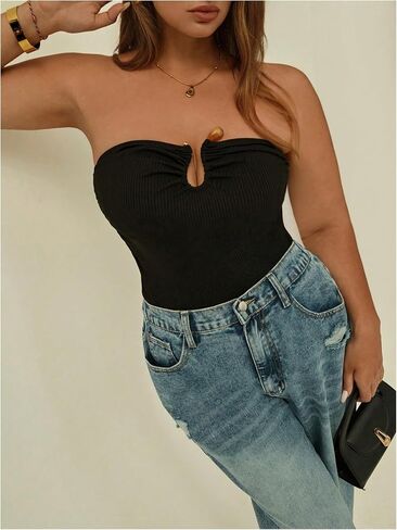 Floerns Women's Plus Size Sleeveless Bandeau U Linked Strapless Ruched Tube Tops in Saudi Arabia