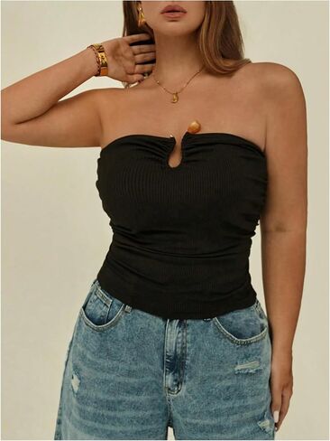 Floerns Women's Plus Size Sleeveless Bandeau U Linked Strapless Ruched Tube Tops in Saudi Arabia