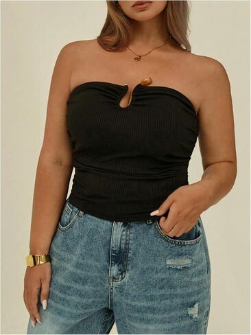 Floerns Women's Plus Size Sleeveless Bandeau U Linked Strapless Ruched Tube Tops in Saudi Arabia