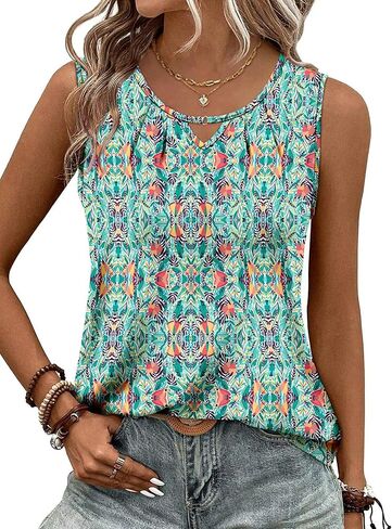 KISSMODA Womens Summer Tank Tops Casual Sleeveless Solid Printed Tunic Top Loose Fit V Neck Shirts in Kuwait